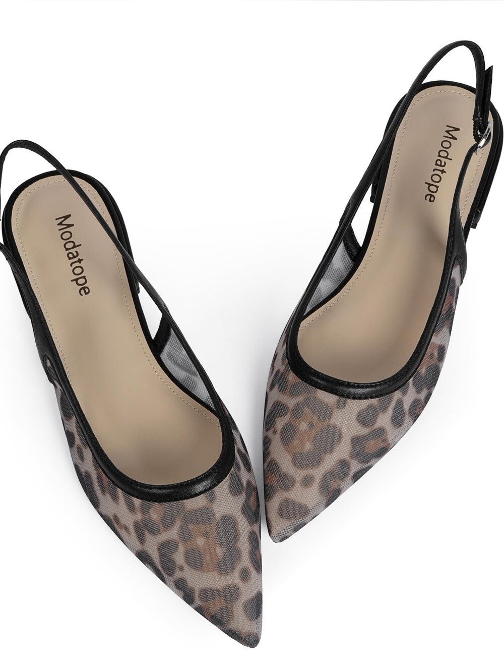 Womens Leopard-Print Mesh Pointed Ballet Slingback Flat Black/Tan, 7.5